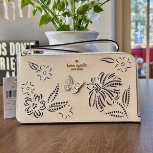 Kate Spade Lucy Perforated Medium L-Zip Wristlet Meringue KK932 Floral Butterfly